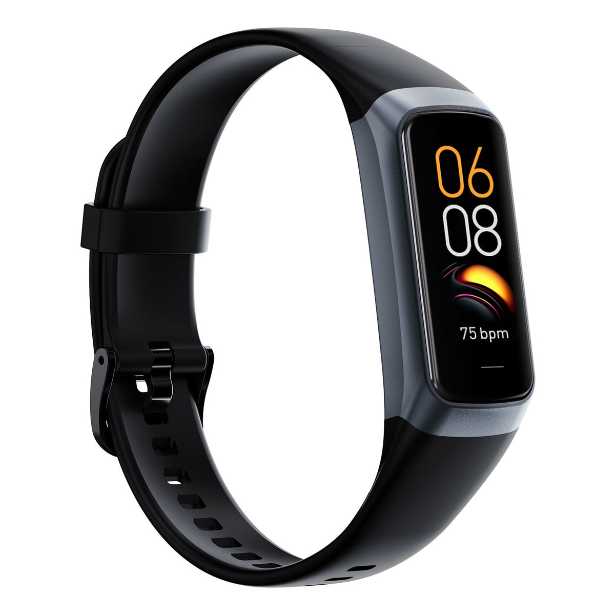 VIBE LOOP Ban Sleek fitness band with a black silicone strap, curved glossy display, and colorful time and heart-rate readout