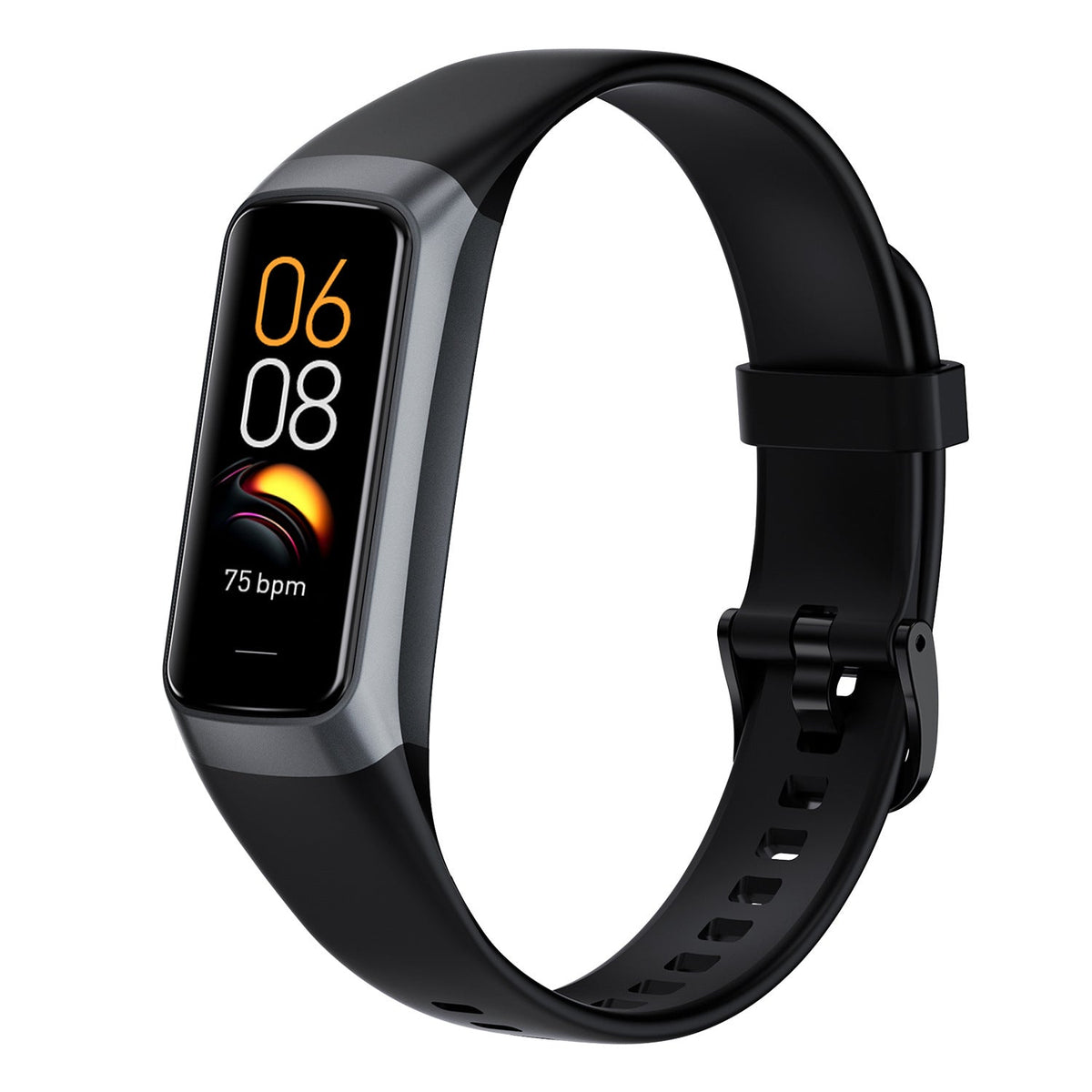 Smart fitness band VIBE LOOP Ban Sleek with a slim black rubber strap, glossy rectangular screen, and silver-gray bezel