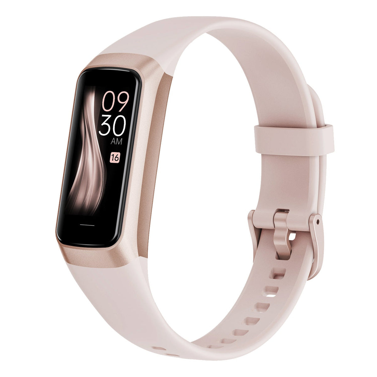 VIBE LOOP Ban Sleek fitness band with a blush pink silicone strap, rose-gold trim and a slim black display