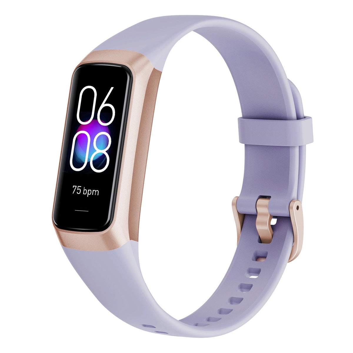 Fitness band in pale lavender silicone with a rose-gold trim and black rectangular screen; VIBE LOOP Ban Sleek has a slim curved design.
