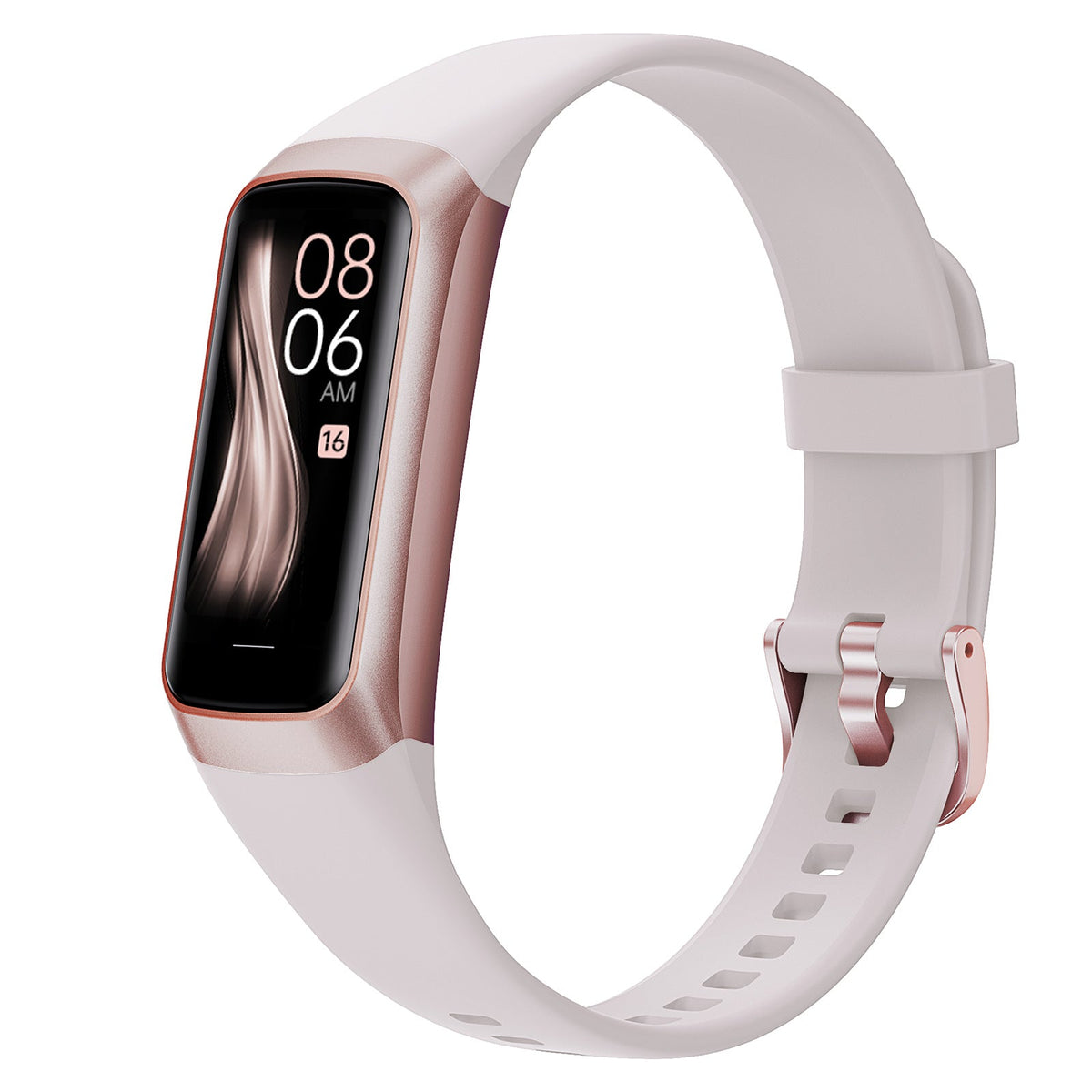 VIBE LOOP Ban Sleek fitness band with a pale lavender silicone strap, rose-gold trim, and slim black display