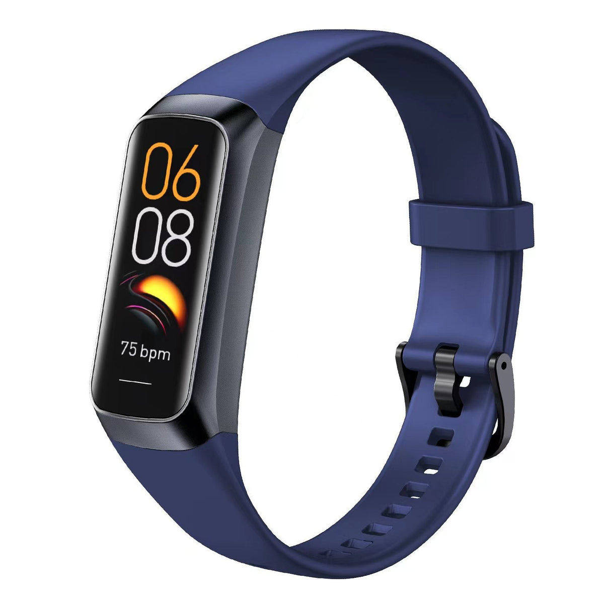 Smart fitness band, VIBE LOOP Ban Sleek, with a navy blue silicone strap, black rectangular display and adjustable buckle.