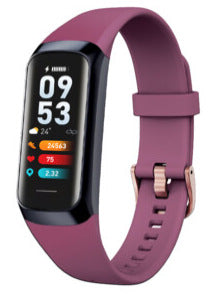 Fitness band VIBE LOOP Ban Sleek with a plum-purple silicone strap, black rectangular display, and colorful health readings
