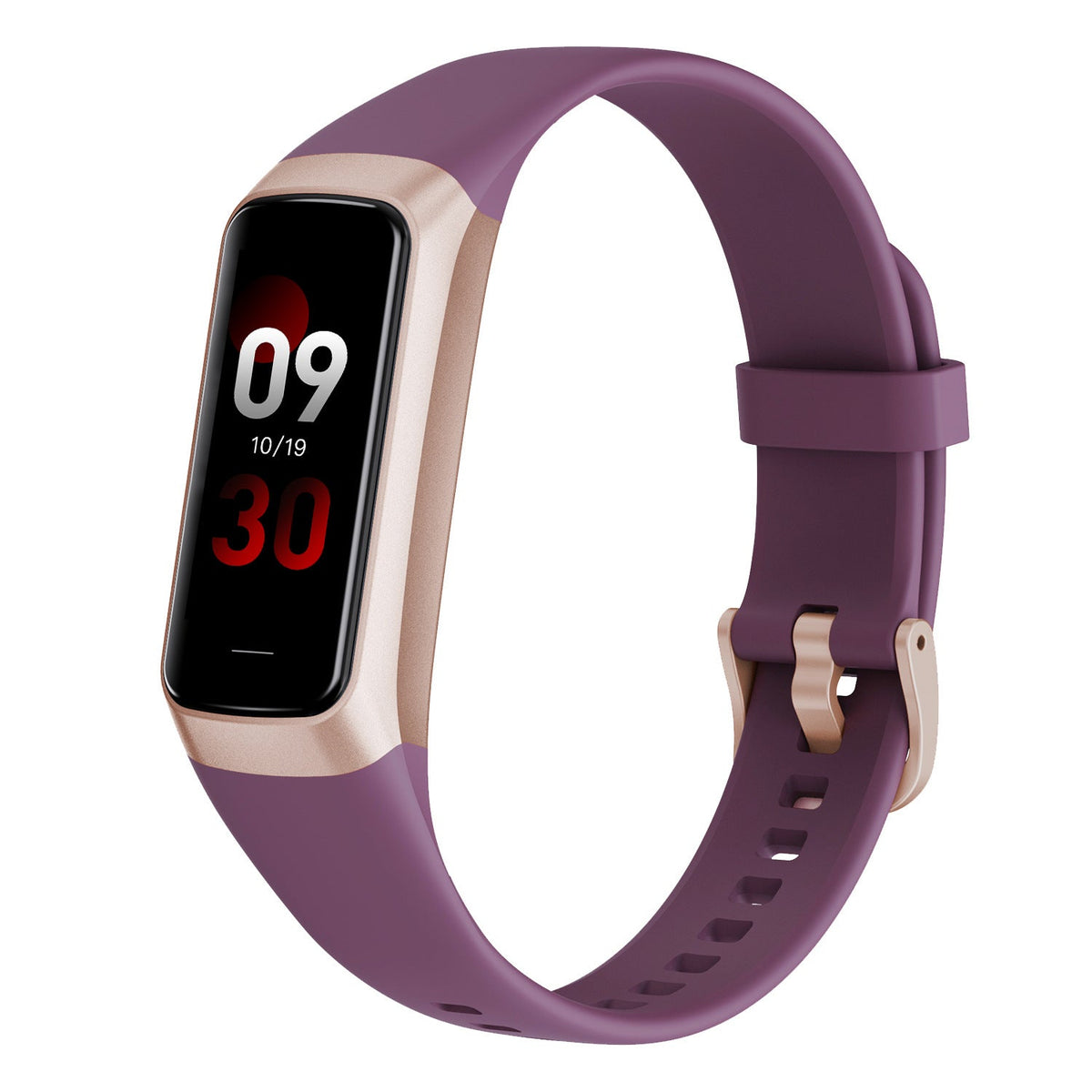 VIBE LOOP Ban Sleek fitness band with a plum purple silicone strap, rose gold bezel and slim rectangular display