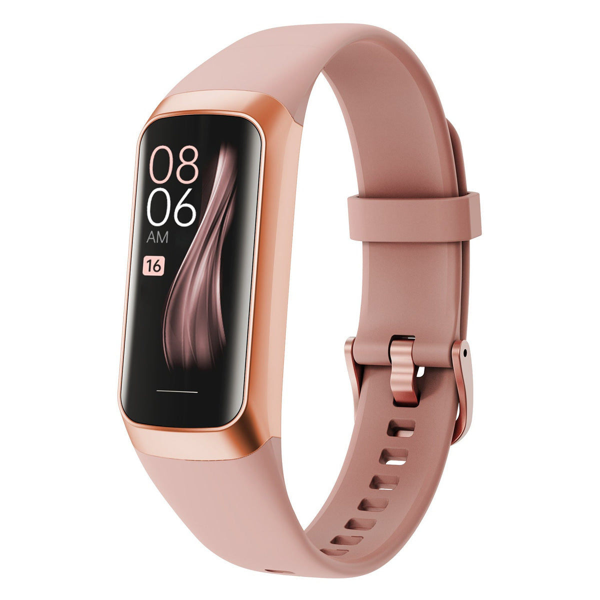 Fitness band, VIBE LOOP Ban Sleek, with a rose-gold metal bezel, black display, and dusty rose silicone strap with buckle.
