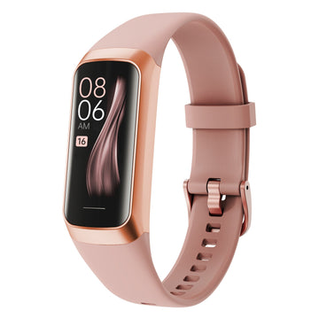 Fitness band, VIBE LOOP Ban Sleek, with a rose-gold metal bezel, black display, and dusty rose silicone strap with buckle.