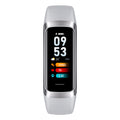 VIBE LOOP Ban Sleek fitness band with a silver metal frame, light gray silicone strap and narrow color display