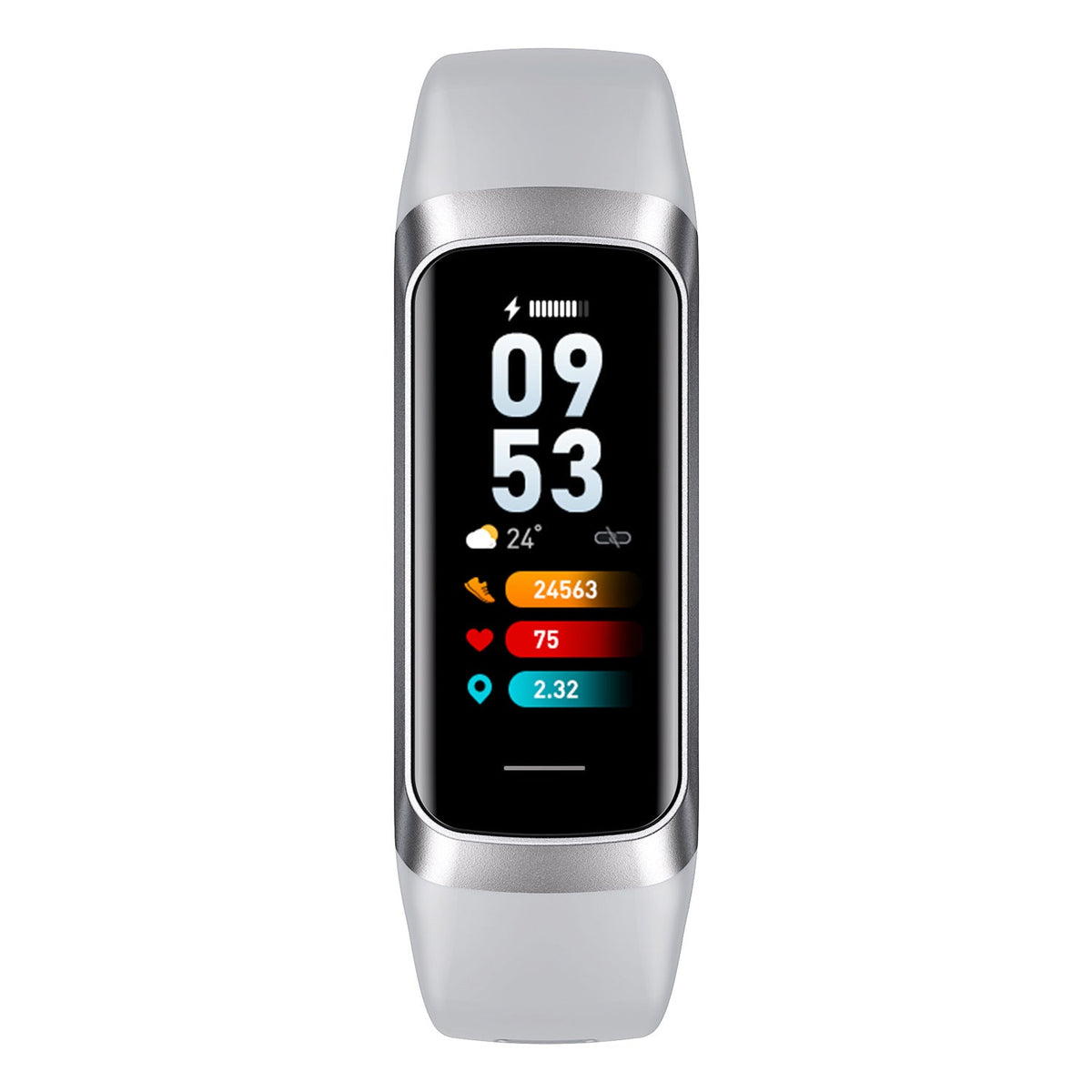 VIBE LOOP Ban Sleek fitness band with a silver metal frame, light gray silicone strap and narrow color display
