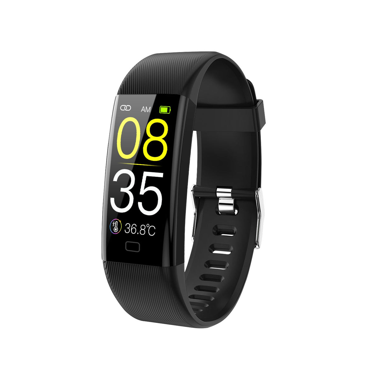 VIBE LOOP Ban Smart temperature monitoring wristband with a black ribbed silicone strap, rectangular color display and silver buckle