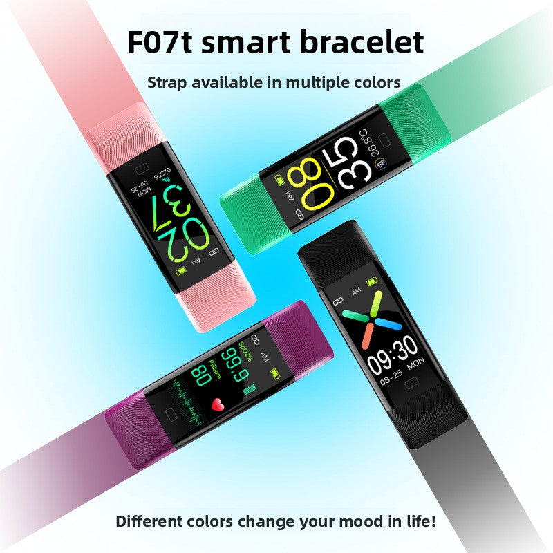 VIBE LOOP Ban Smart fitness wristband with silicone straps in pink, green, purple, and black, featuring rectangular color touchscreens.