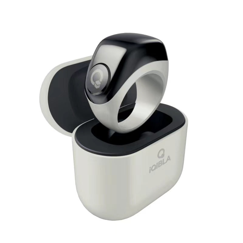 VIBE LOOP Ban smart fitness rings with glossy black sensor tops, silver bands, and matching charging cases in five colours.