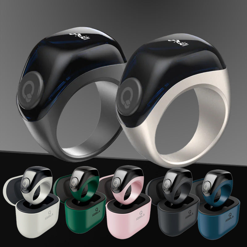 VIBE LOOP Ban smart fitness rings with glossy black sensor tops, silver bands, and matching charging cases in five colours.