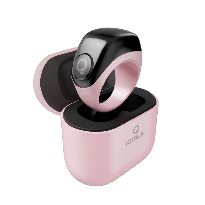 Smart fitness ring with charging case, featuring a glossy black and pale pink design and smooth alloy finish; VIBE LOOP Ban