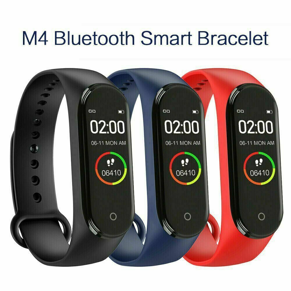VIBE LOOP Ban smart fitness wristbands in black, navy blue and red silicone, with slim touch screens and step displays