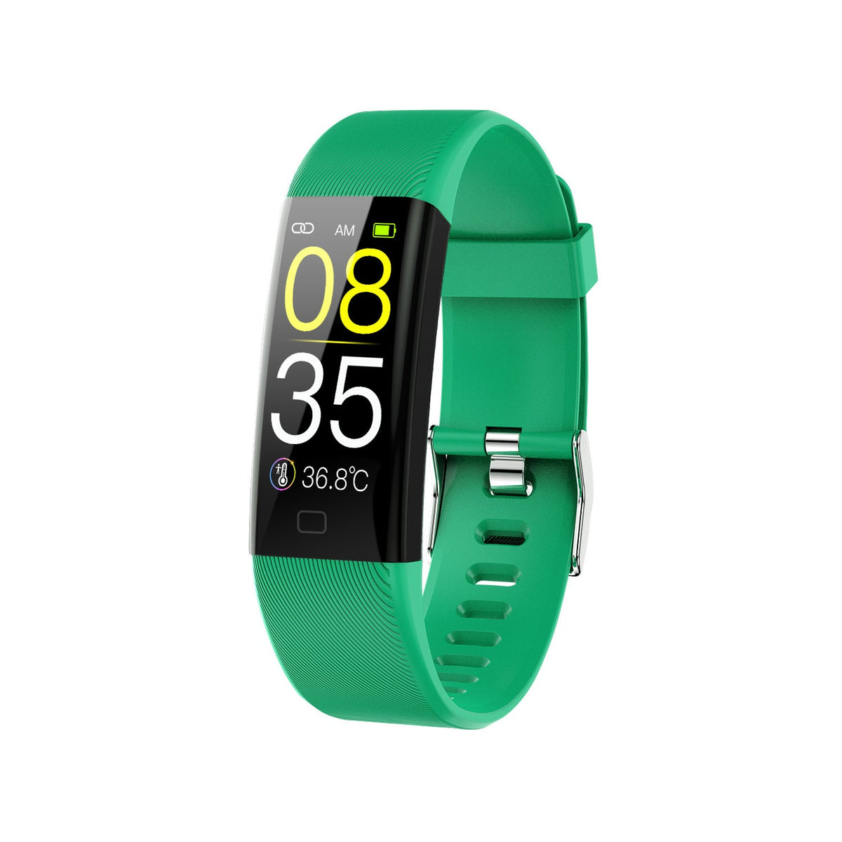 VIBE LOOP Ban Smart temperature monitoring wristband with a bright green silicone strap, black rectangular screen and silver clasp