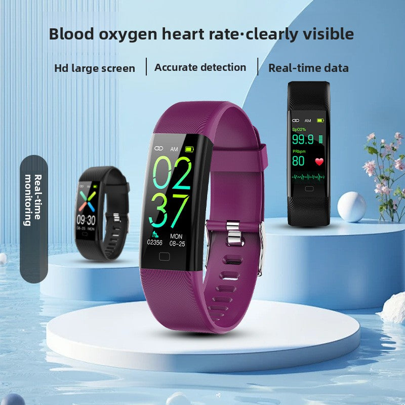VIBE LOOP Ban Smart wristband with a purple silicone strap, black rectangular screen and neon digital display