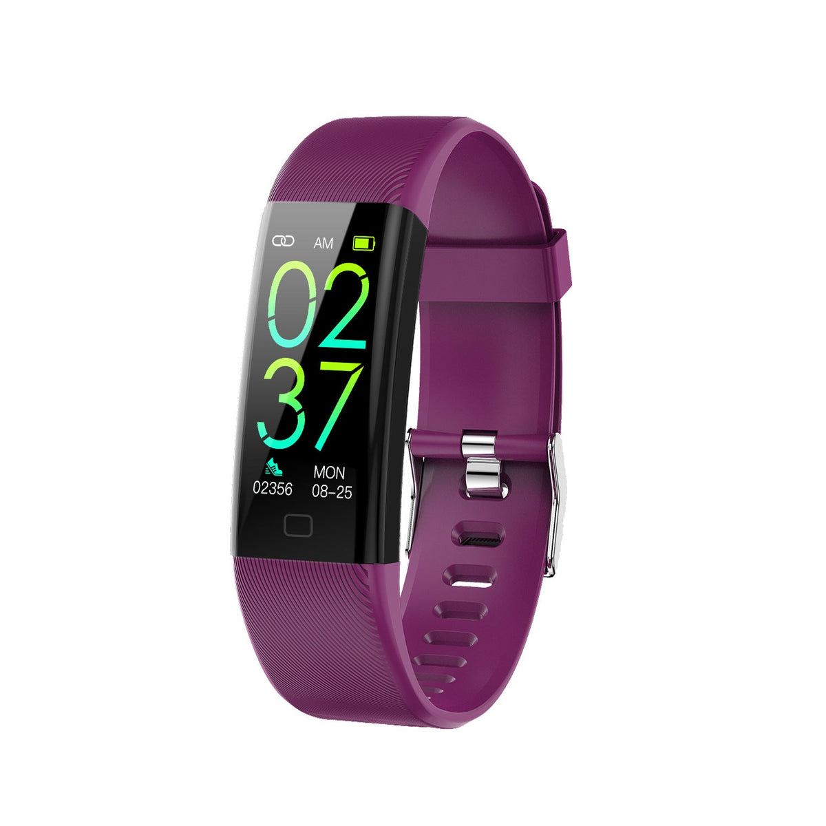 VIBE LOOP Ban Smart temperature monitoring wristband with a glossy purple silicone strap, black rectangular touchscreen, and metal clasp