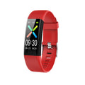 VIBE LOOP Ban Smart wristband with a vivid red silicone strap, black rectangular touchscreen, and silver buckle