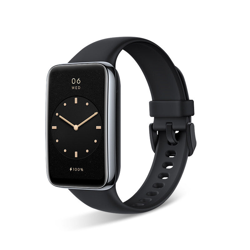 VIBE LOOP Ban Smart Watch with a black silicone band, rounded rectangular screen, gold-tone clock markings, and buckle closure