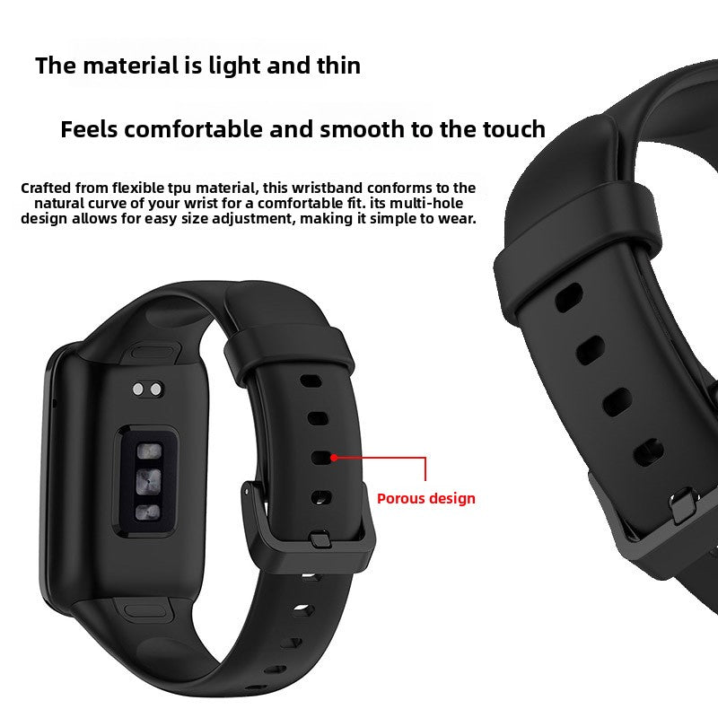 VIBE LOOP Ban Smart Watch strap, black flexible TPU wristband with a smooth finish, adjustable buckle and perforated holes