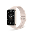 VIBE LOOP Ban Smart Watch with pale blush TPU band, rectangular black display, silver-toned case, and perforated strap