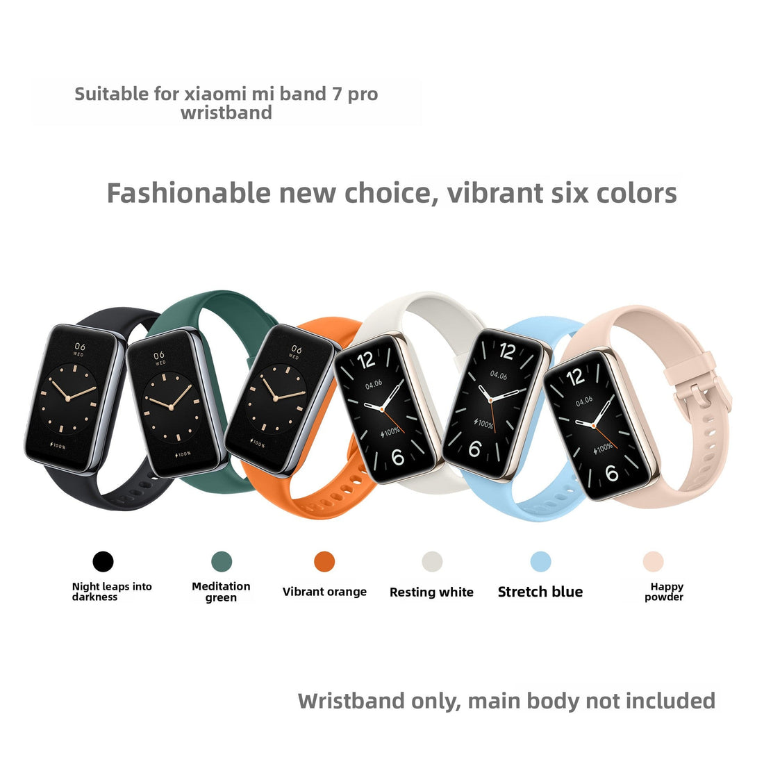 Smart watch band in TPU, shown in black, green, orange, white, blue and pink with a flexible loop design; VIBE LOOP Ban Smart Watch strap for Mi Band 7 Pro.