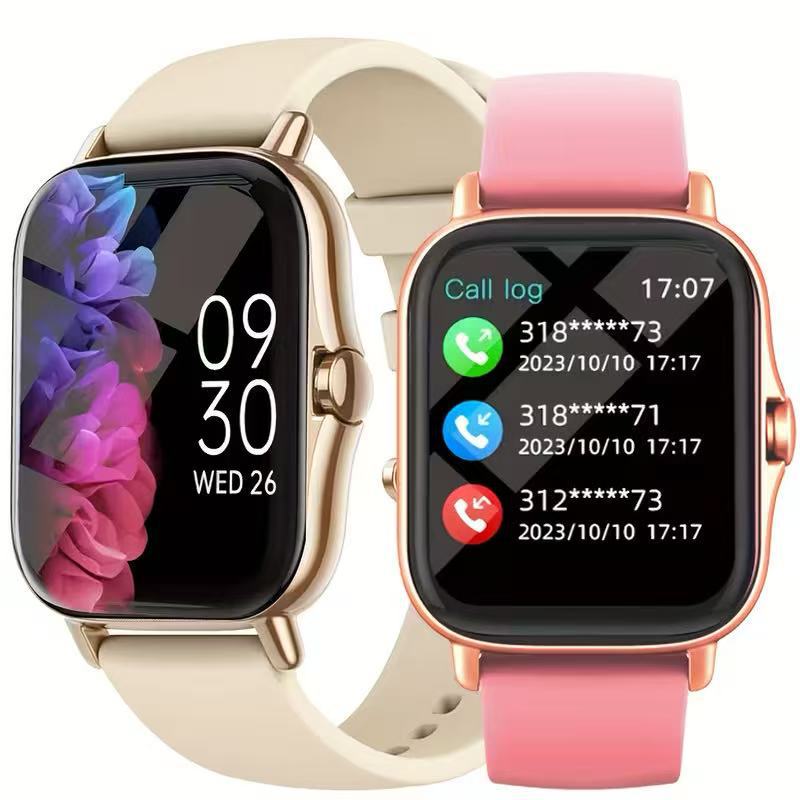 VIBE LOOP Ban smart watch with a square touchscreen, featuring a cream silicone strap and a pink silicone strap with call log display