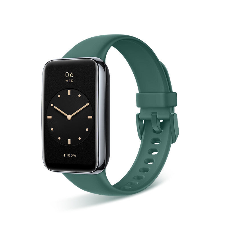 VIBE LOOP Ban Smart Watch with a dark green flexible strap, rectangular black screen, gold-tone hands and buckle holes