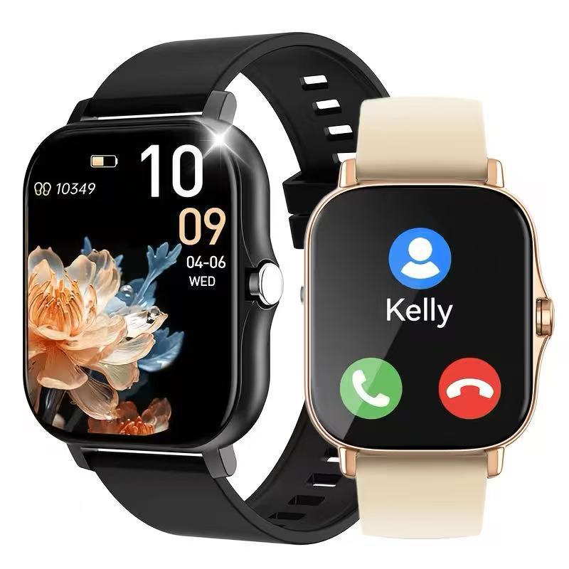 VIBE LOOP Ban smartwatch duo with square black and rose-gold cases, black and cream silicone straps, and touch displays
