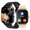 VIBE LOOP Ban smartwatch duo with square black and rose-gold cases, black and cream silicone straps, and touch displays
