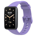 VIBE LOOP Ban Smart Watch with a lavender purple TPU band, black rectangular face, gold-tone hands and buckle holes