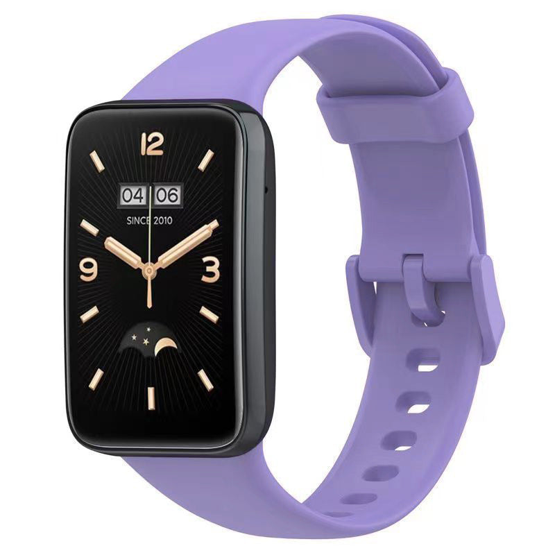 VIBE LOOP Ban Smart Watch with a lavender purple TPU band, black rectangular face, gold-tone hands and buckle holes