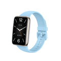 Smart watch with a VIBE LOOP Ban Smart Watch light blue silicone strap, rectangular black display and silver-toned case