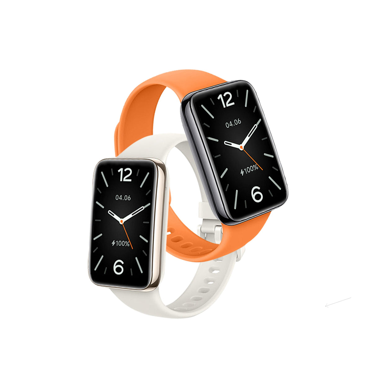VIBE LOOP Ban Smart Watch with two rectangular black digital displays and flexible orange and ivory TPU straps