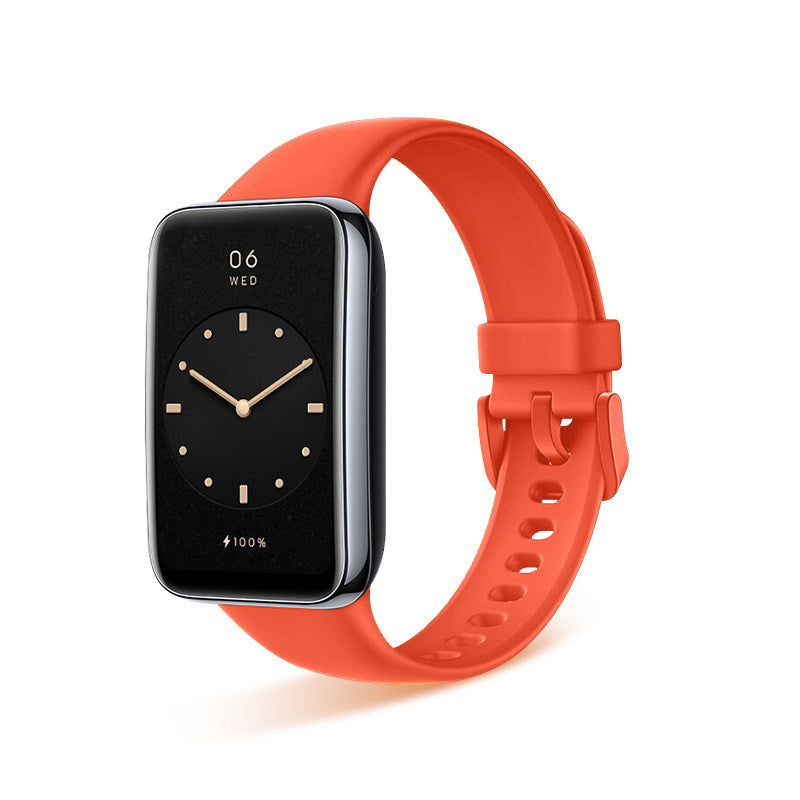 VIBE LOOP Ban Smart Watch with a black rectangular display and bright orange-red silicone strap featuring an adjustable buckle