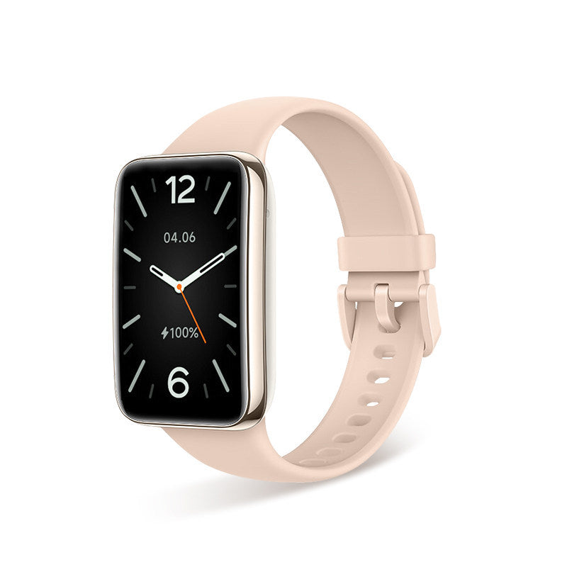 VIBE LOOP Ban Smart Watch with a pale pink flexible strap, rectangular black display and adjustable perforated band