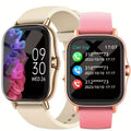 VIBE LOOP Ban smart watch pair with rounded square displays, one cream silicone strap and one pink strap, showing calls
