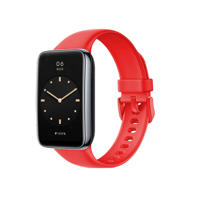 VIBE LOOP Ban Smart Watch with a bright red smooth TPU strap, black rectangular display and adjustable buckle closure