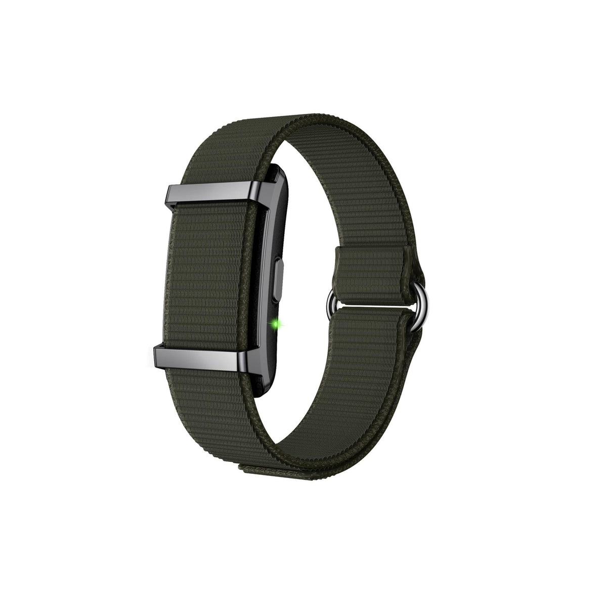 VIBE LOOP Ban smart wristband with a dark olive woven fabric double-bar strap, metal loops and slim black display
