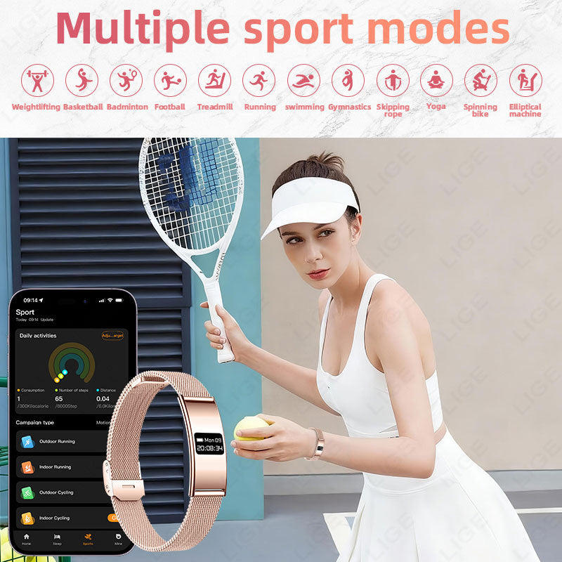 VIBE LOOP Ban smart wristband with a rose gold mesh strap and rectangular display, shown with sports tracking modes