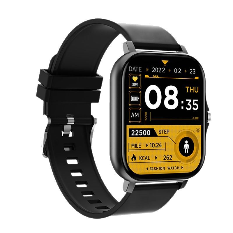 VIBE LOOP Ban smartwatch with a black silicone strap, square glossy case, and yellow-accented digital fitness display