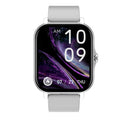VIBE LOOP Ban square smartwatch with a silver metal case and pale gray strap, featuring a colorful purple digital display