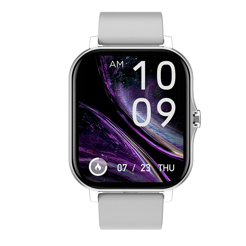 VIBE LOOP Ban square smartwatch with a silver metal case and pale gray strap, featuring a colorful purple digital display