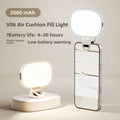 Phone selfie light, VIBE LOOP BANS, white rounded rectangular lamp with a digital display and loop-shaped phone attachment.