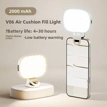 Phone selfie light, VIBE LOOP BANS, white rounded rectangular lamp with a digital display and loop-shaped phone attachment.