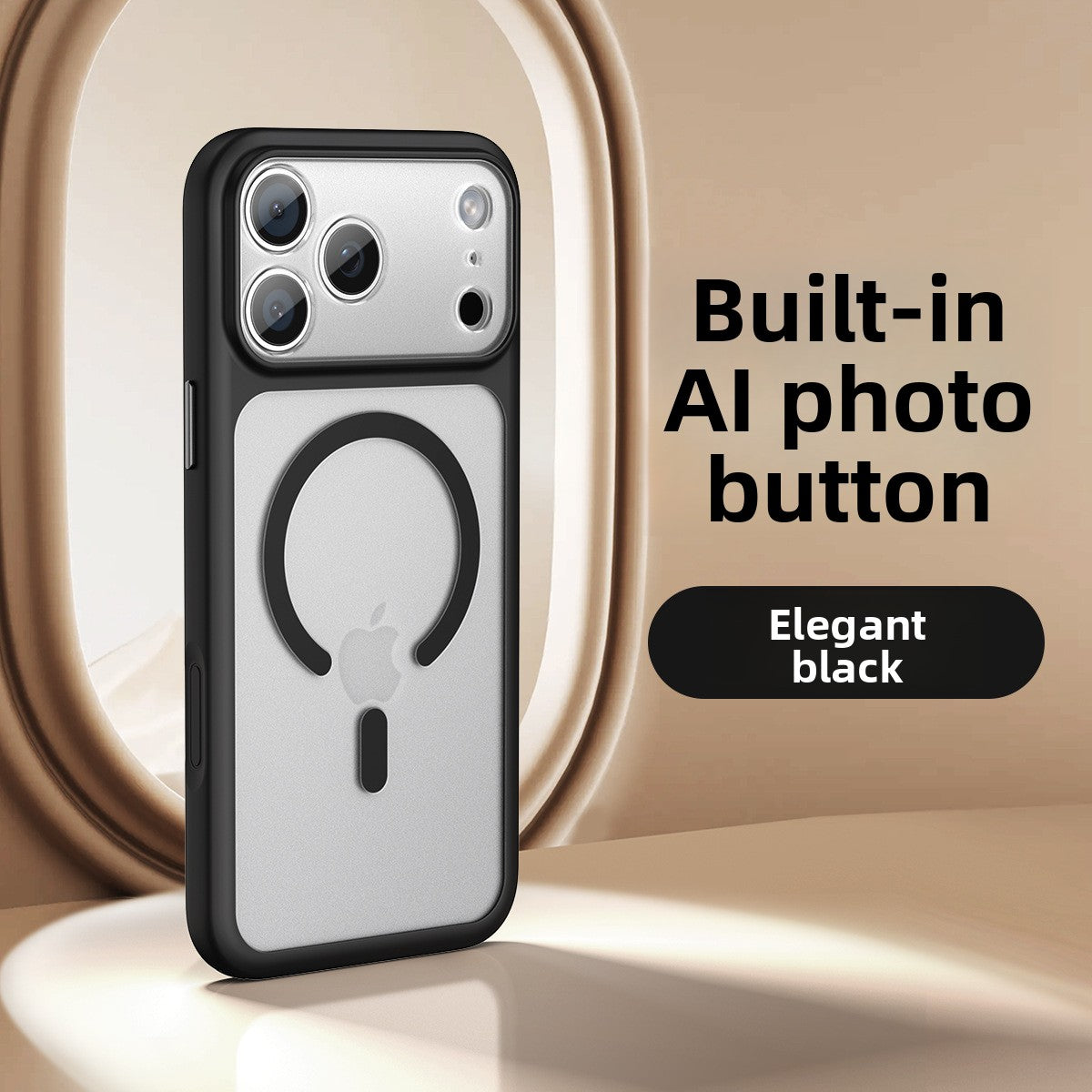 VIBE LOOP BANS phone case in elegant black with a light gray back, raised camera rim, magnetic ring and built-in photo button