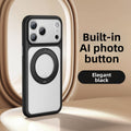VIBE LOOP BANS phone case in black with a silver-gray back, raised camera surround, circular magnetic ring and AI photo button.