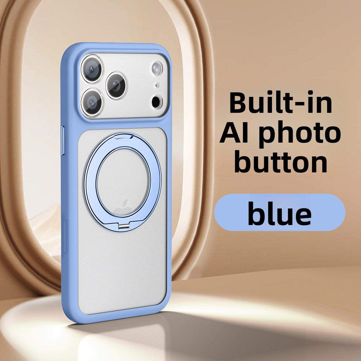 VIBE LOOP BANS phone case with a light blue bumper, silver back, raised camera surround, and circular rotating ring stand