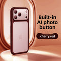 VIBE LOOP BANS phone case in cherry red with a matte finish, raised camera surround, and built-in AI photo button