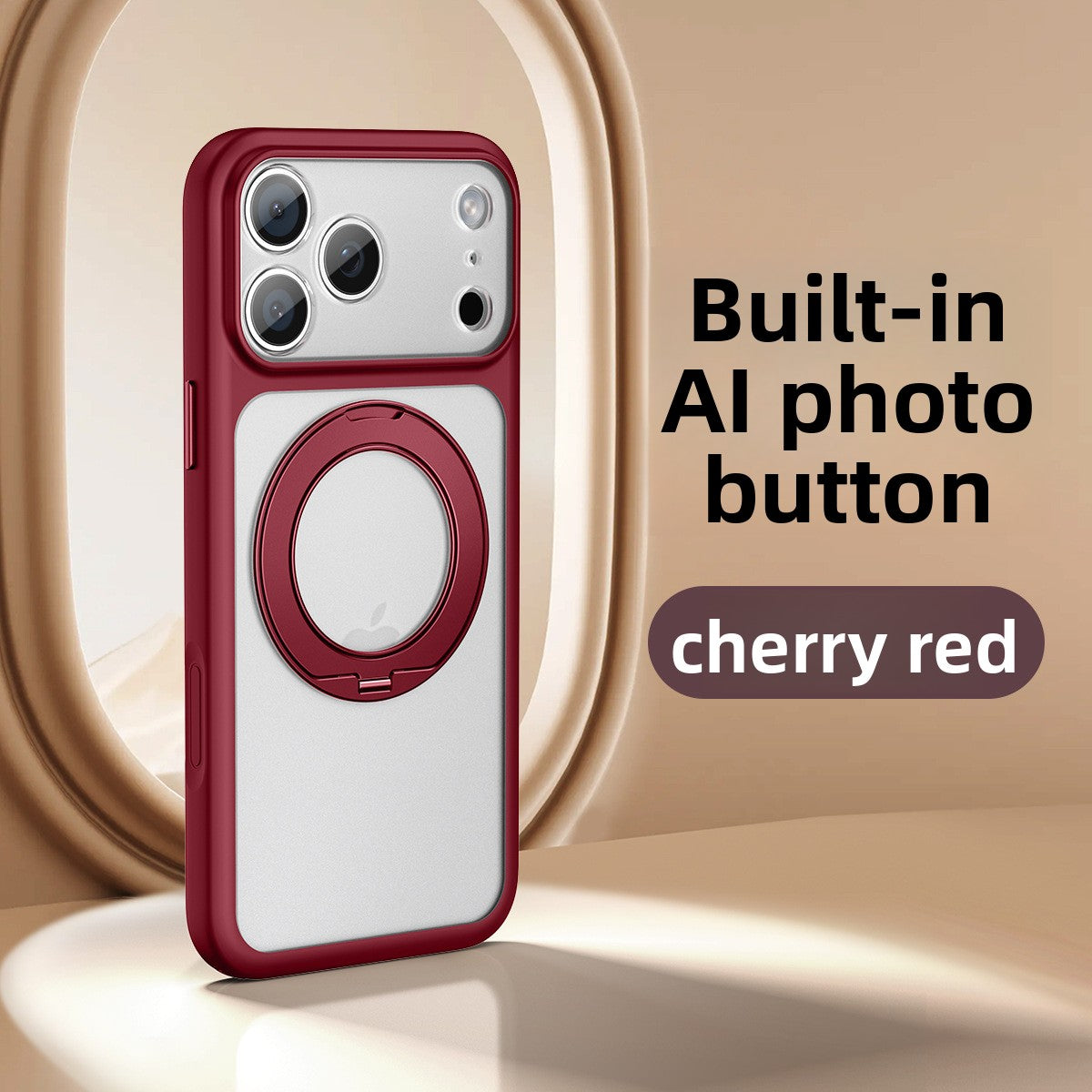 VIBE LOOP BANS phone case in cherry red with a light gray back, raised camera surround, and circular magnetic ring stand
